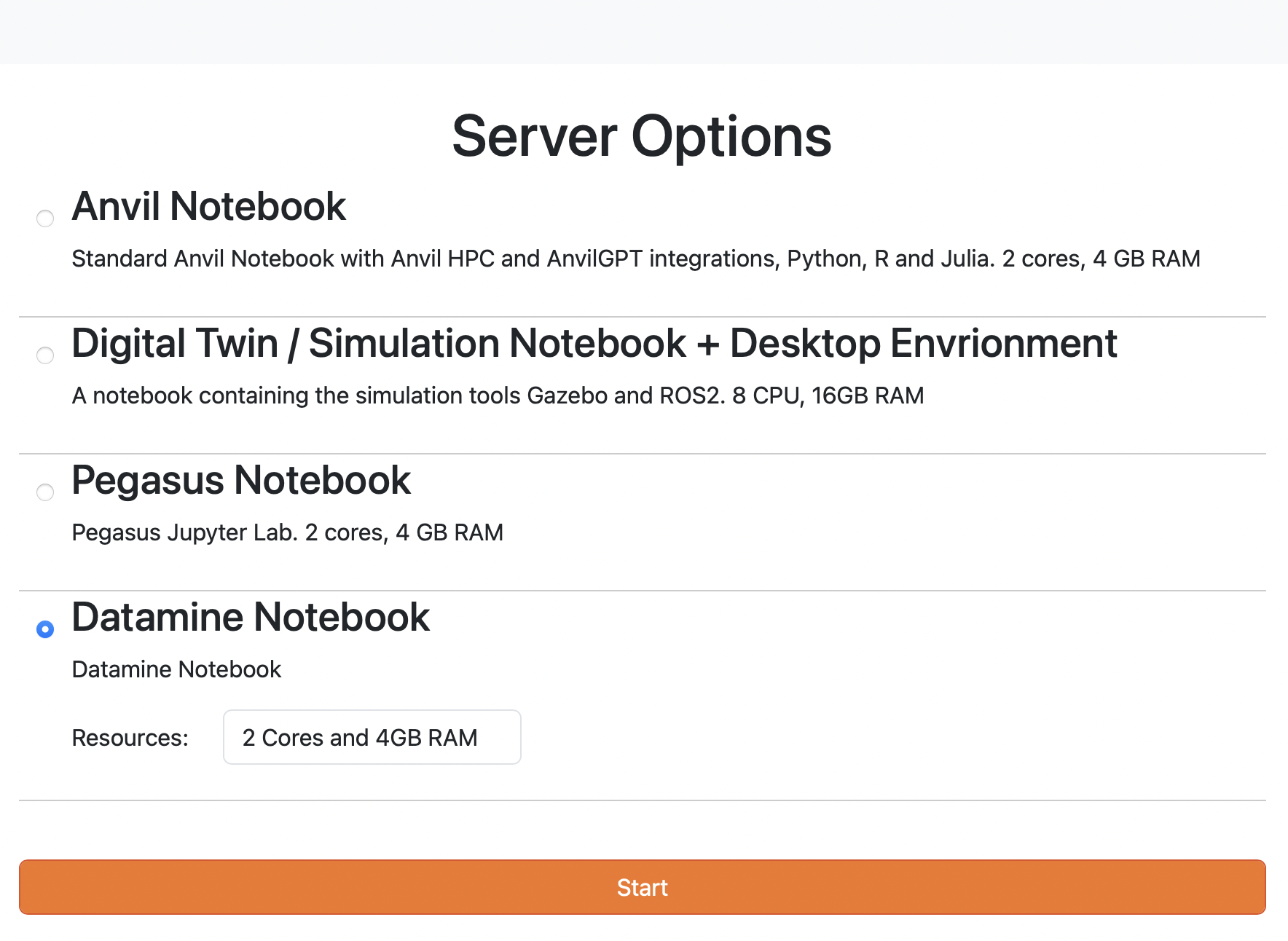 A screenshot of the Anvil server options page, with the 'Datamine Notebook' option selected.