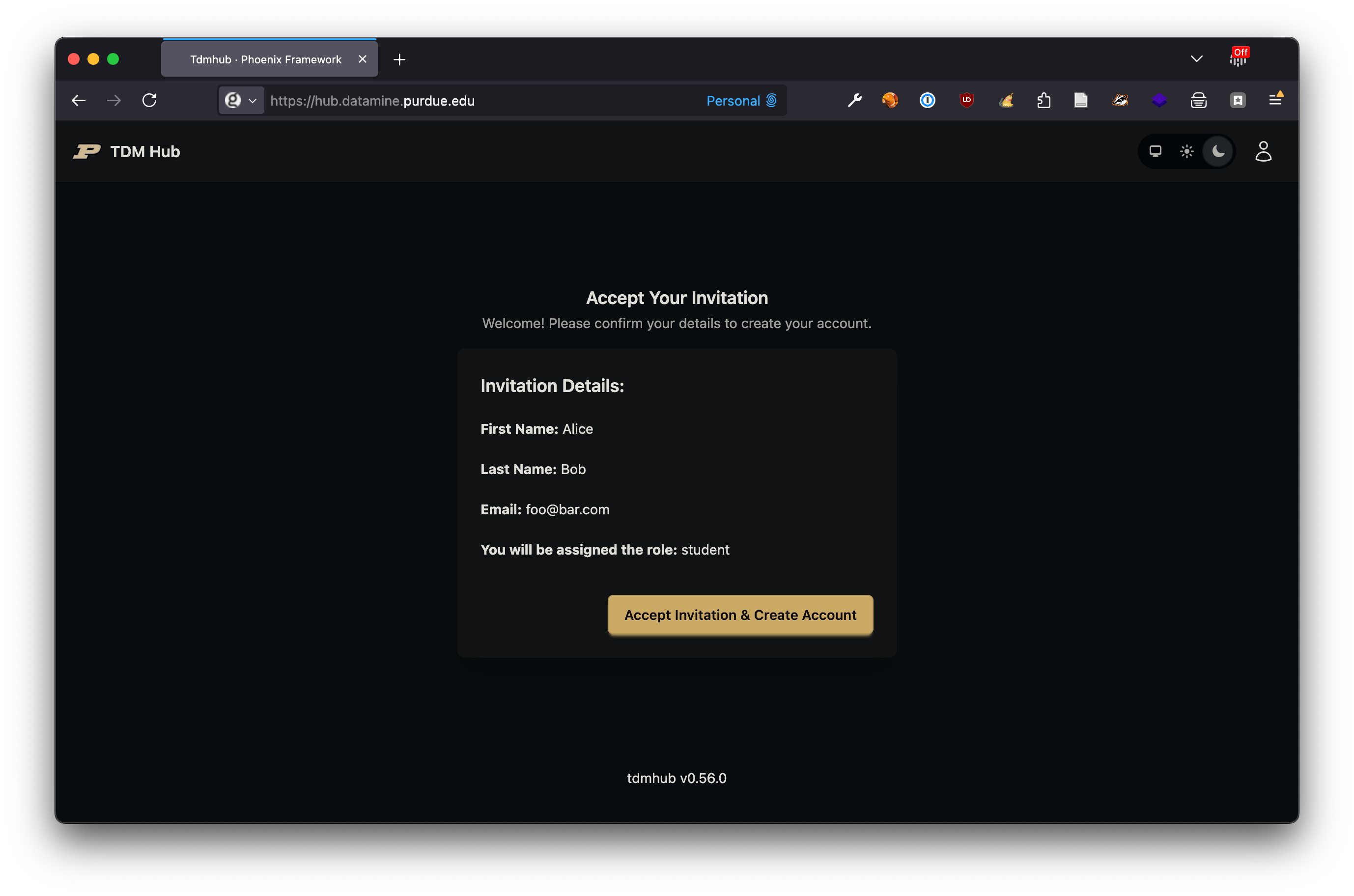 A screenshot of the TDM Hub invitation page, showing a welcome message and a button to accept the invitation.
