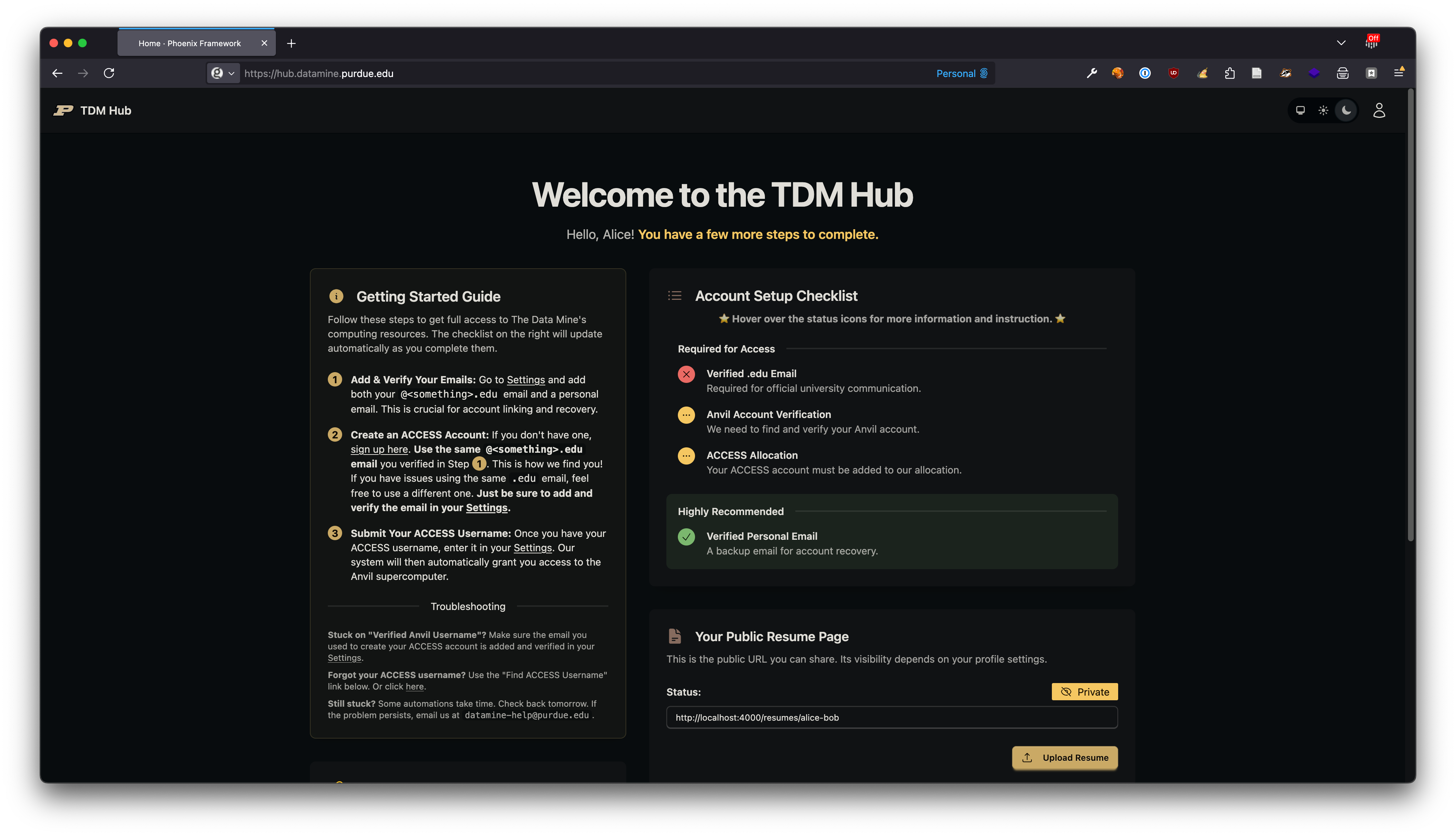 A screenshot of the TDM Hub dashboard. It shows a checklist of items like 'ACCESS Username Provided' and 'Email Verified'. Some items are red (incomplete) and some are green (complete).